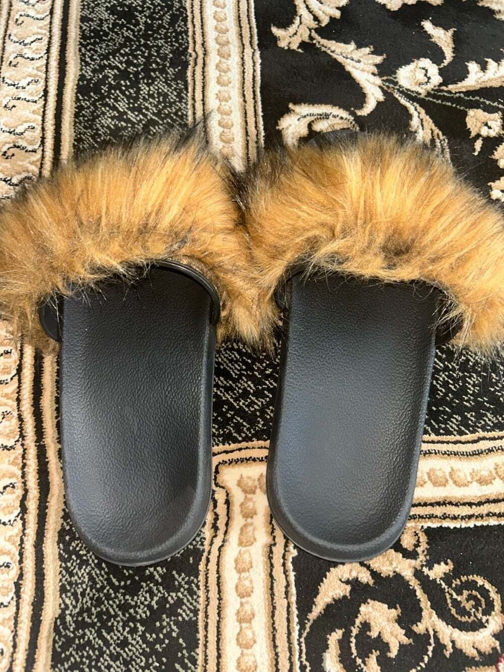Faux Fur Slide Sandals Black and Brown Slippers